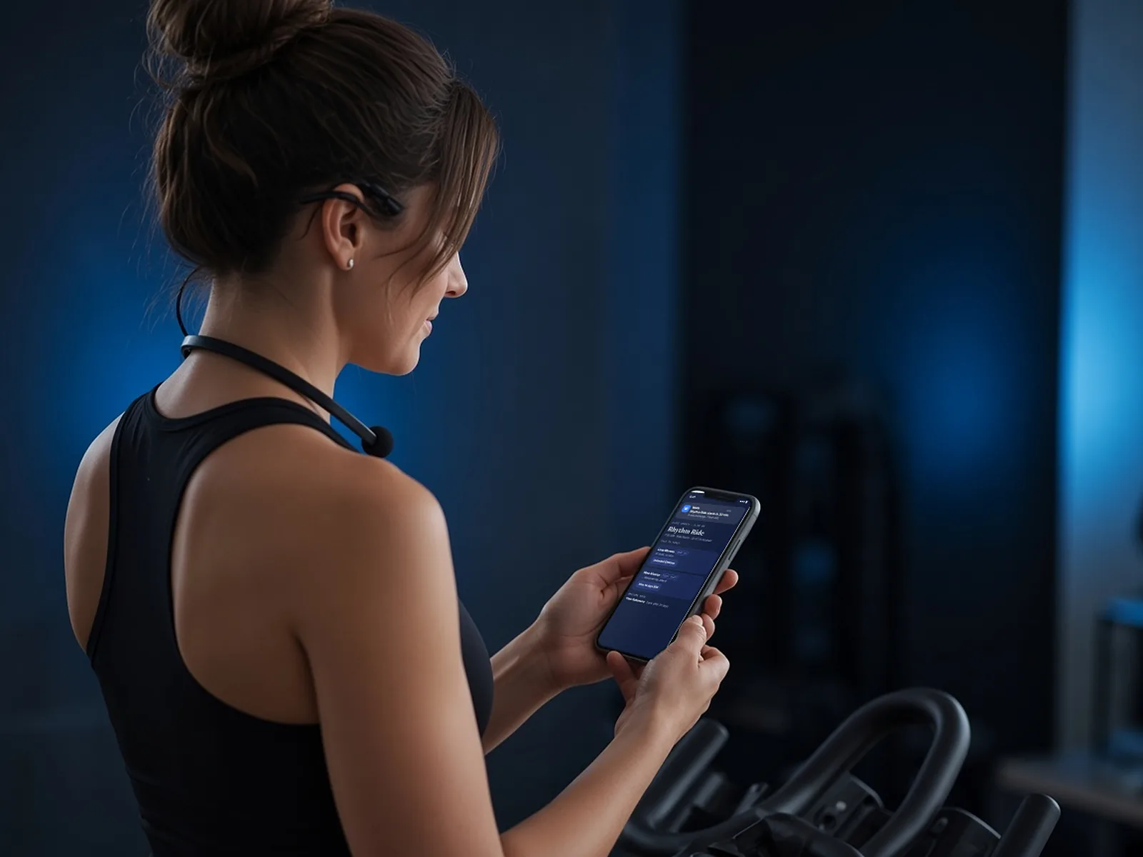 Cycling instructor checking a Walla Briefing class update on her phone before class, sample data