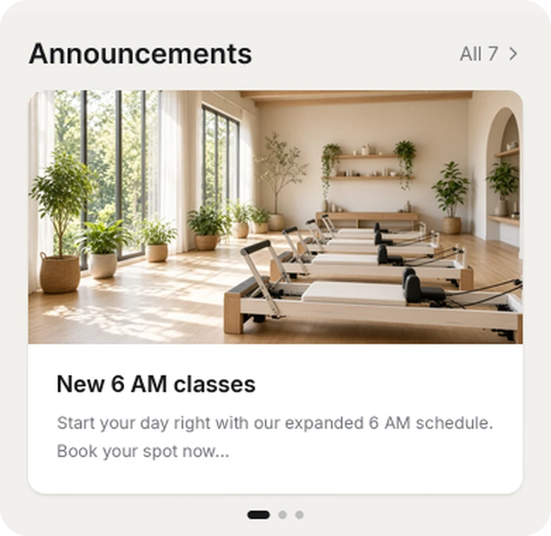 Studio announcement card on the Walla member app home screen