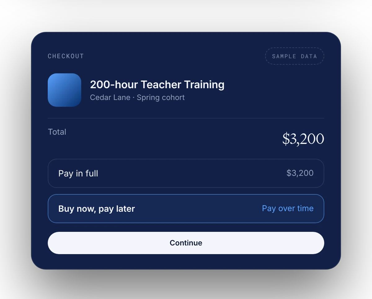 Teacher training checkout with a buy now, pay later option, sample data