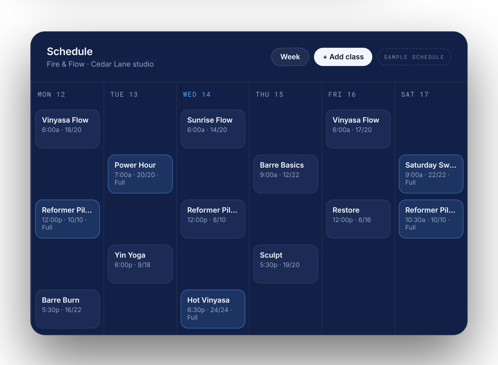 Weekly class schedule, sample data