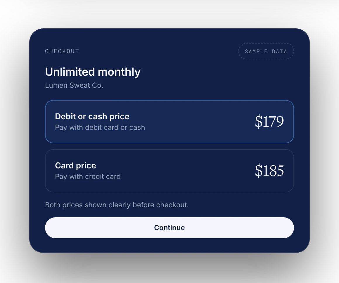 Checkout showing a debit or cash price and a card price, sample prices