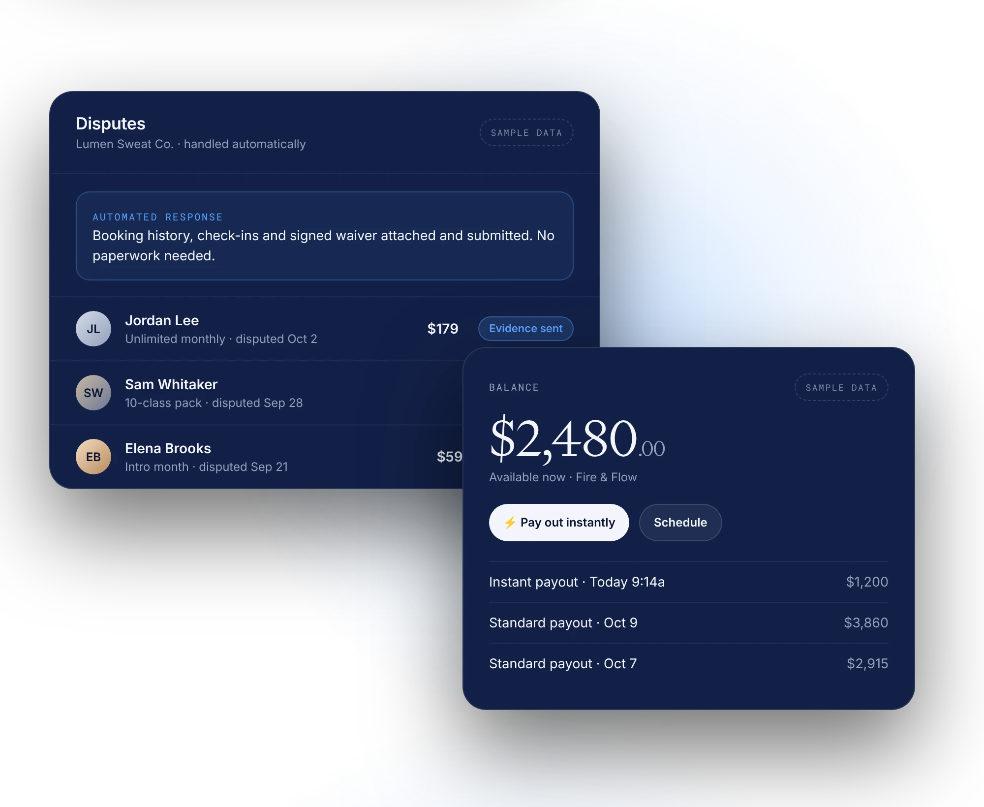 Disputes handled automatically and an instant payout balance, sample data
