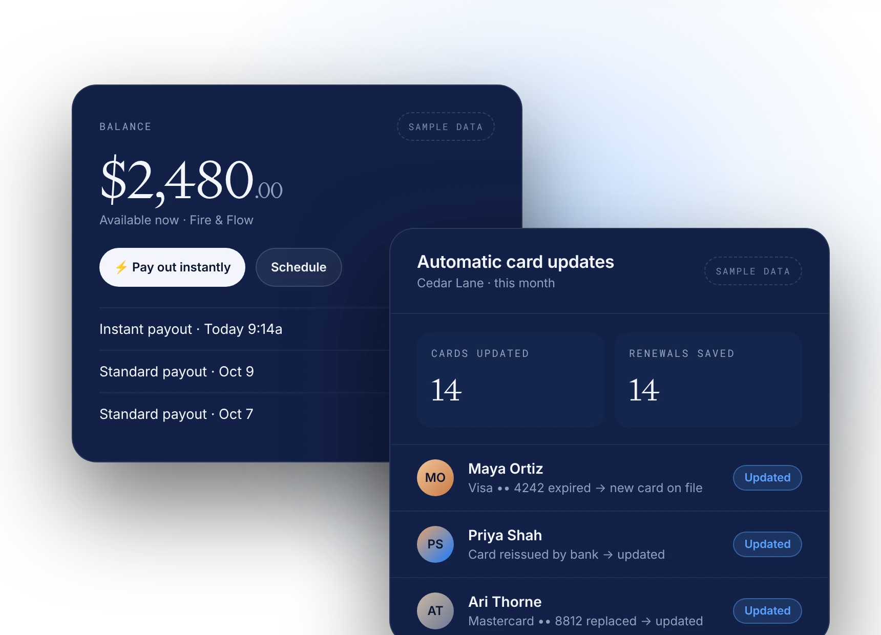 Instant payout balance and automatic card updates, sample data