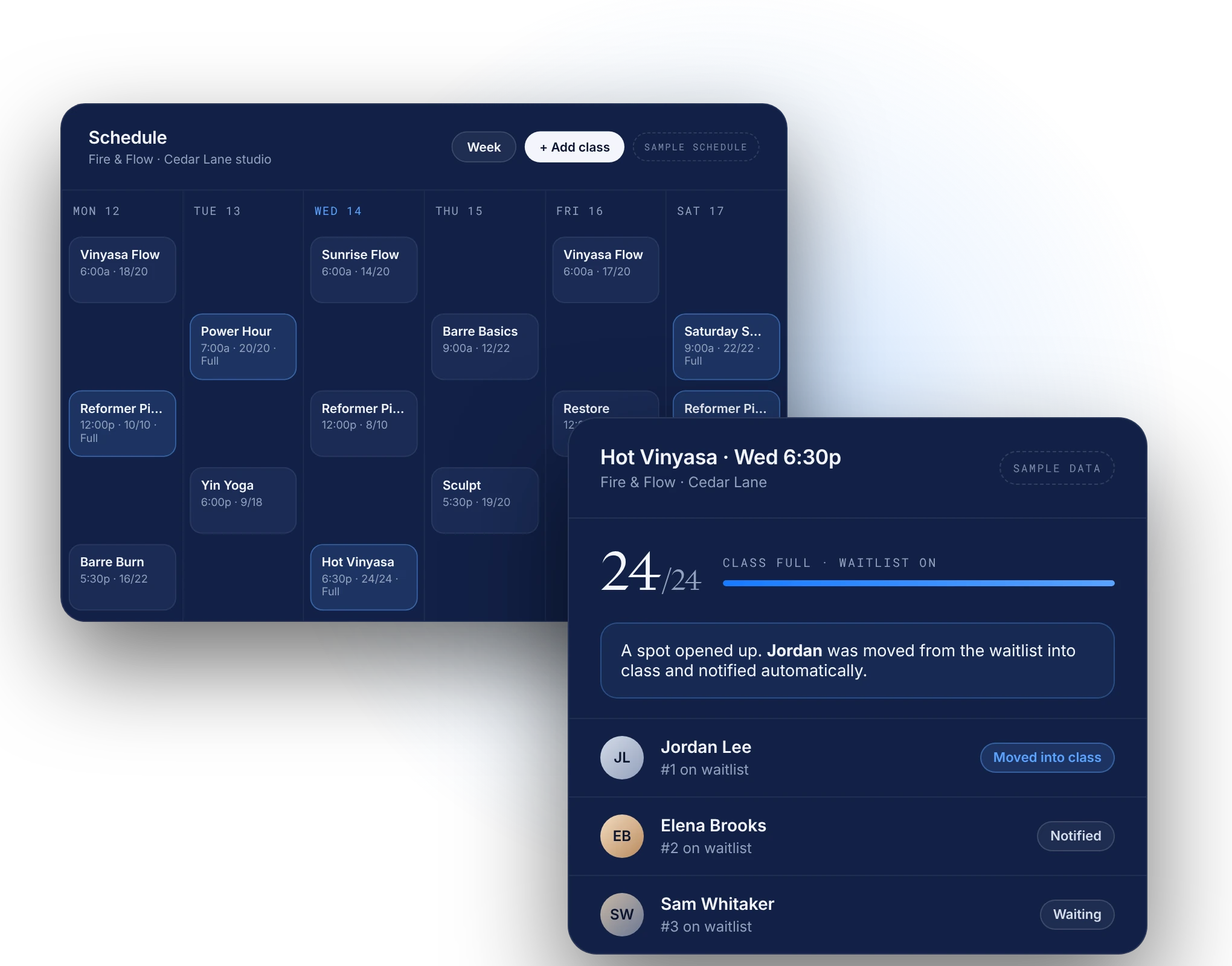 Weekly class schedule and a full class with an automatic waitlist, sample data