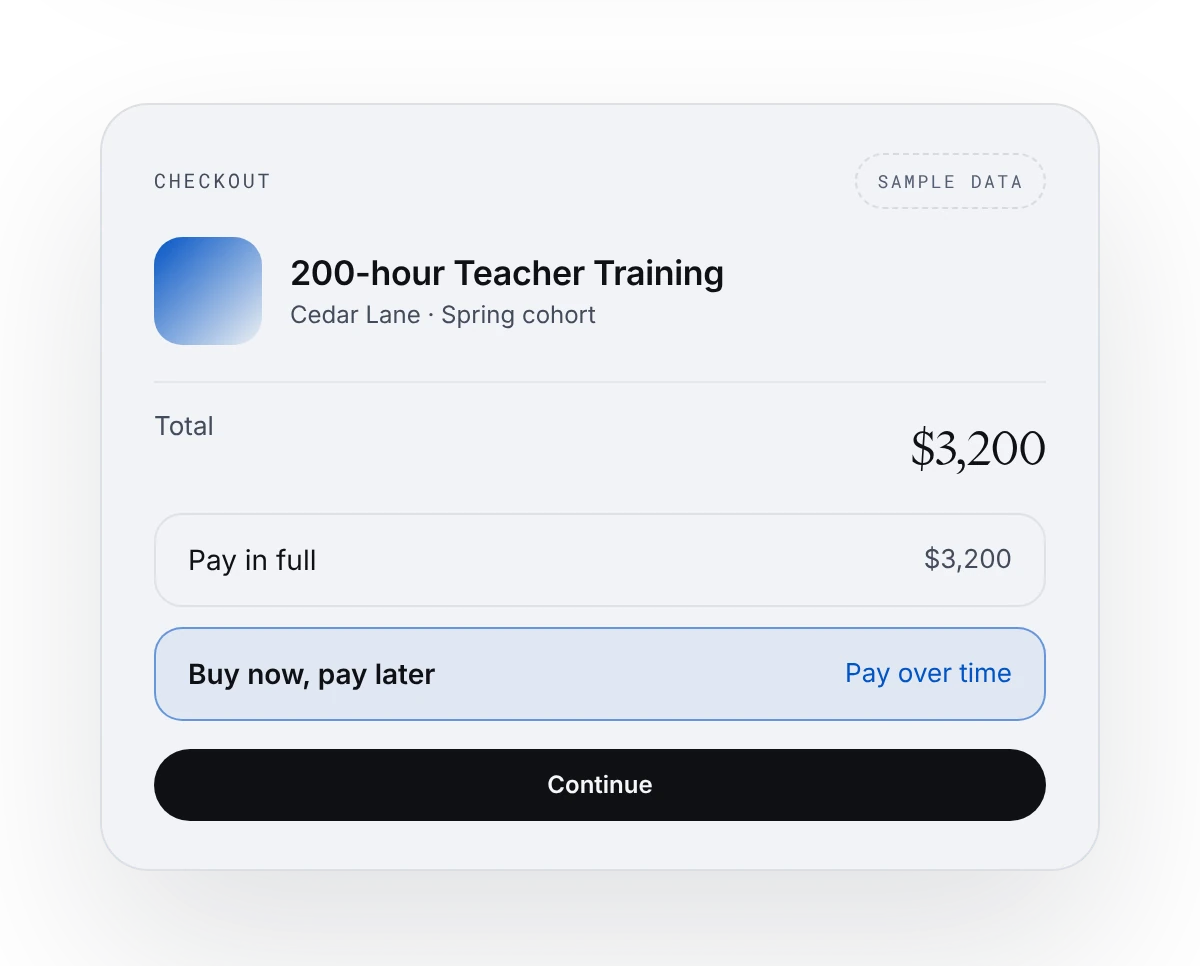 Teacher training checkout with a buy now, pay later option, sample data