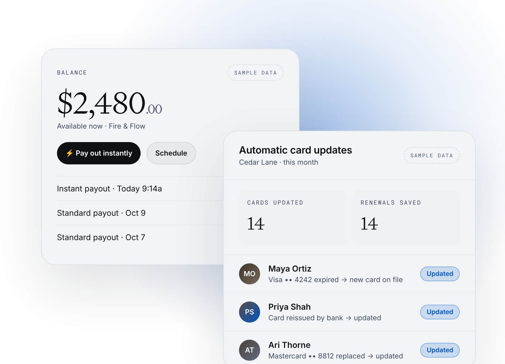 Instant payout balance and automatic card updates, sample data