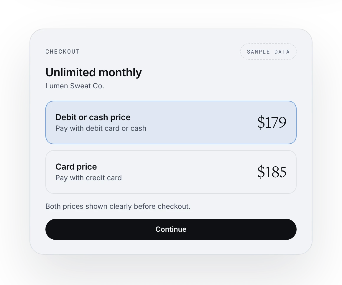 Checkout showing a debit or cash price and a card price, sample prices