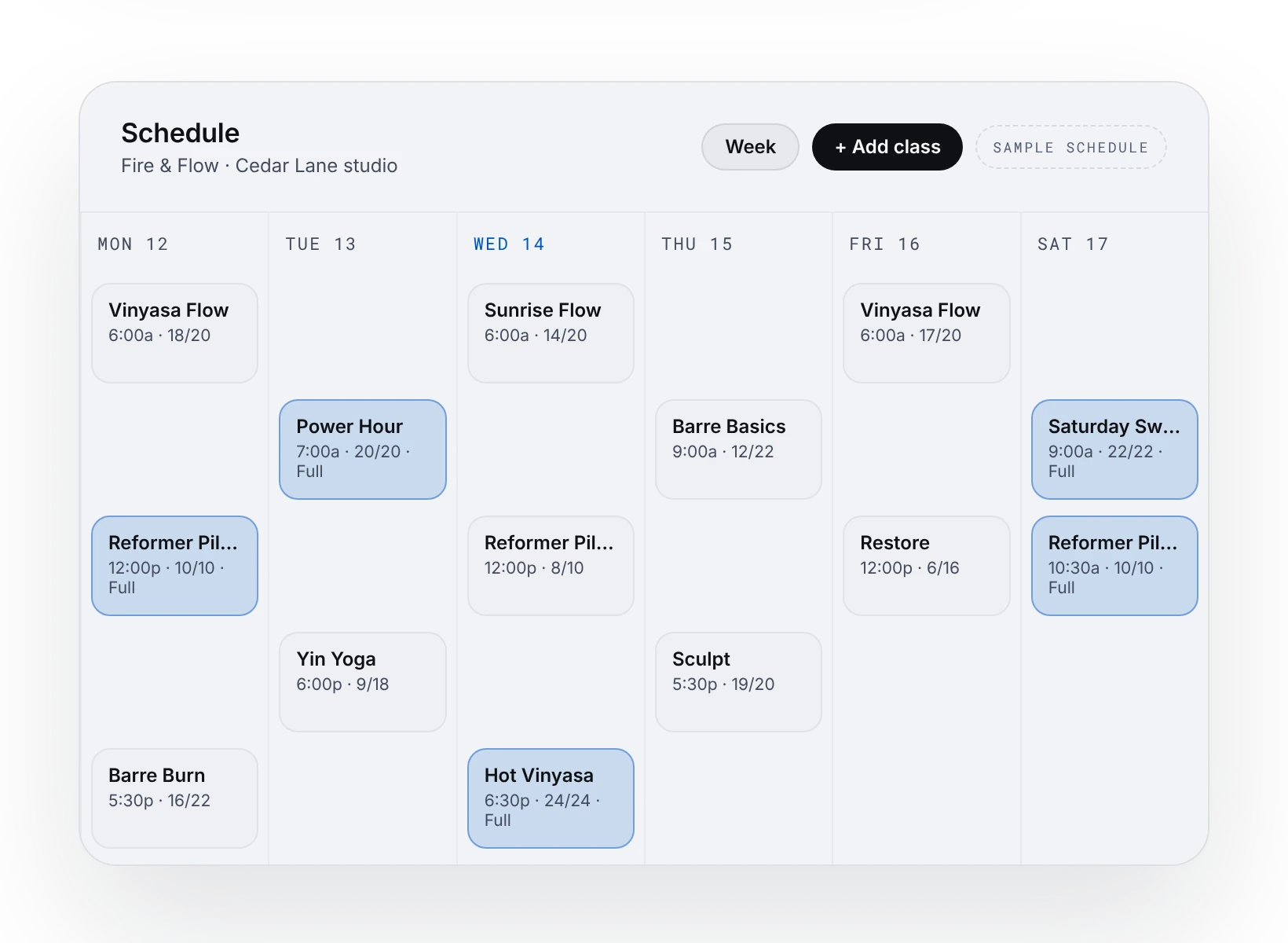 Weekly class schedule, sample data
