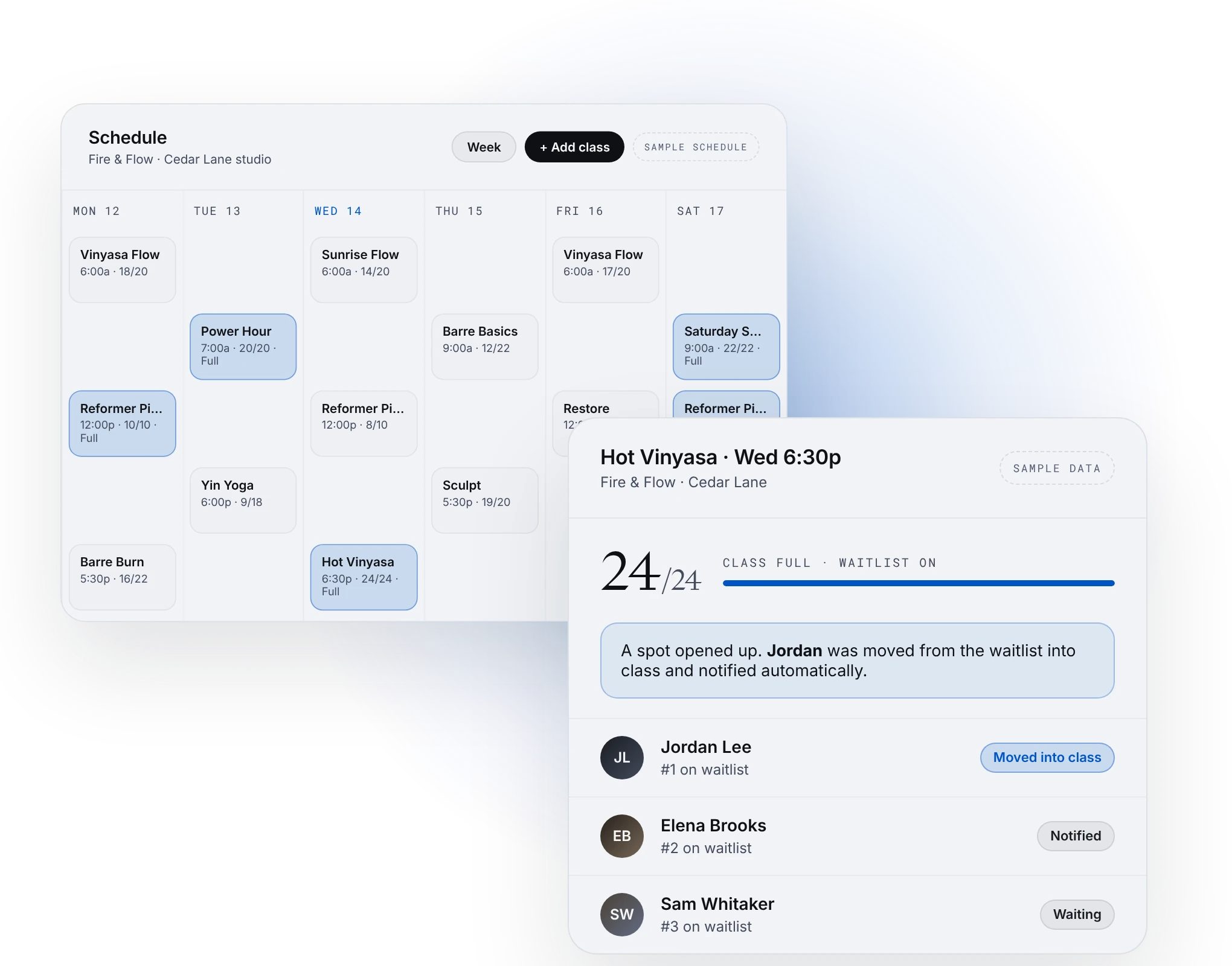 Weekly class schedule and a full class with an automatic waitlist, sample data