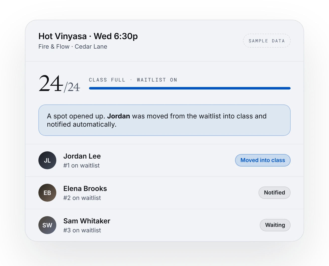 Full class with a client moved from the waitlist into class, sample data