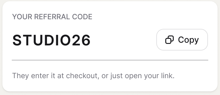 Personal referral code card with a Copy button