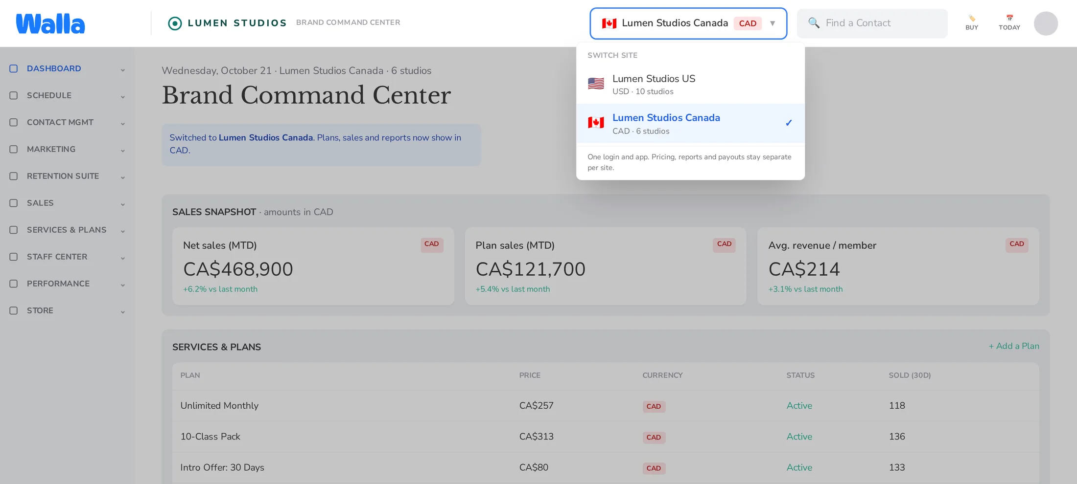 Sample site switcher moving a fictional brand between its US site in USD and its Canada site in CAD, with amounts shown in Canadian dollars