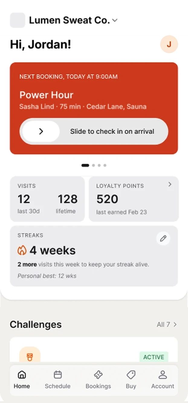 Walla member app home screen with slide-to-check-in, loyalty points, challenges and announcements