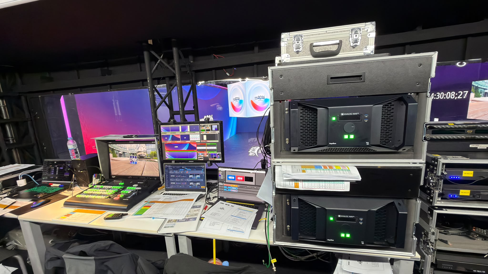 Two Analog Way Aquilon RS4 systems racked at the MBC election broadcast operating position