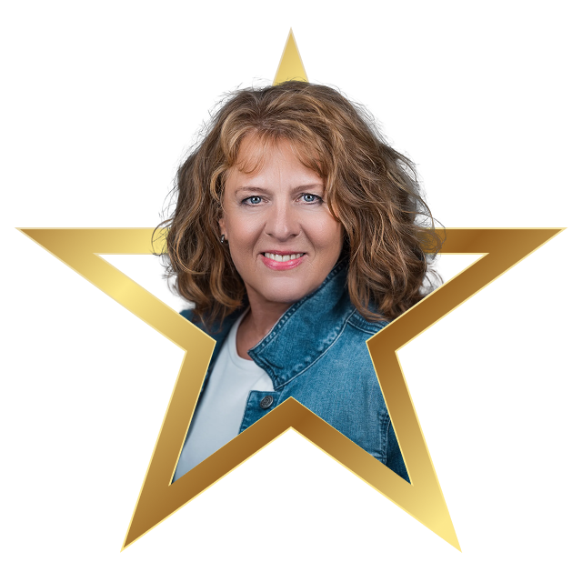 Smiling woman with curly light brown hair wearing a denim jacket, framed inside a gold star shape.