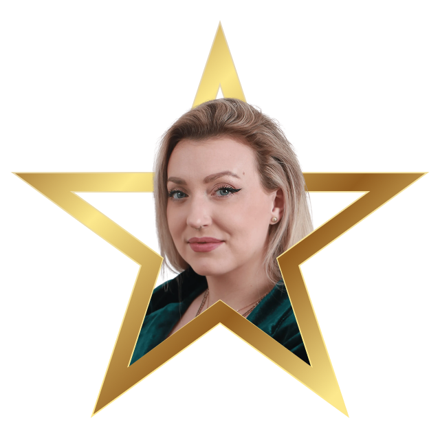 Portrait of a blonde woman with a nose ring inside a gold star frame.