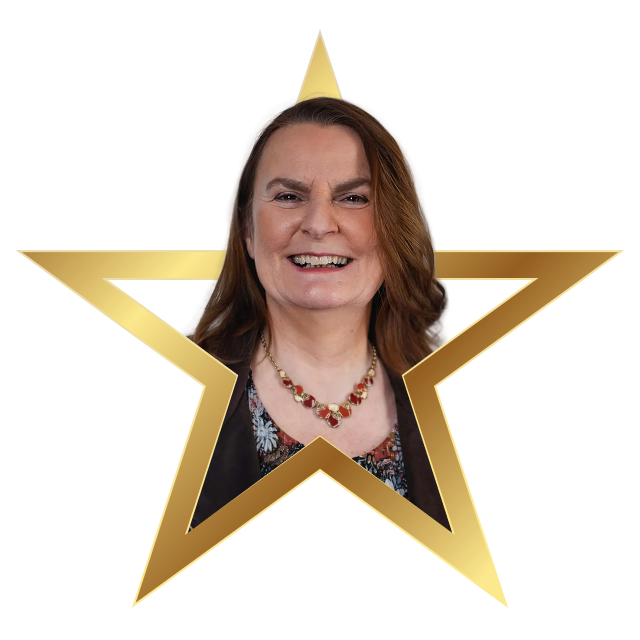 Smiling woman with shoulder-length brown hair inside a gold star frame.