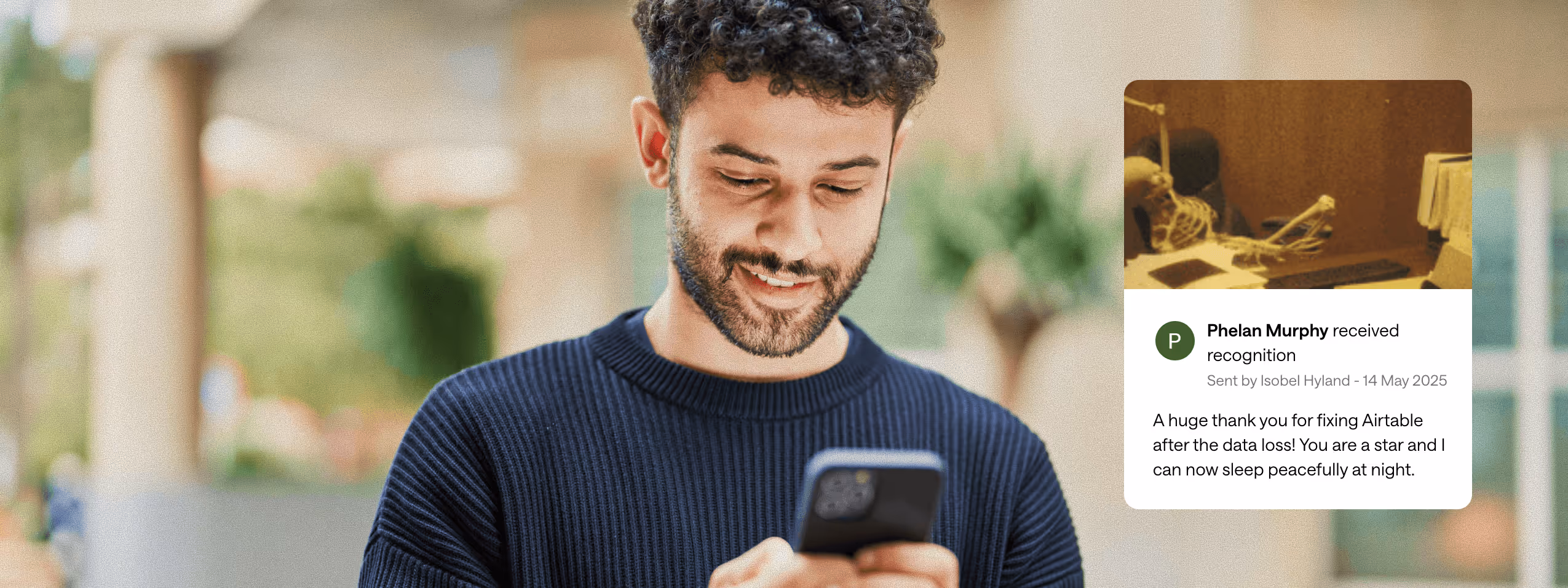 A photo of a person leaning their head on another person's shoulder, with a pop out image of an AI-powered benefits platform 