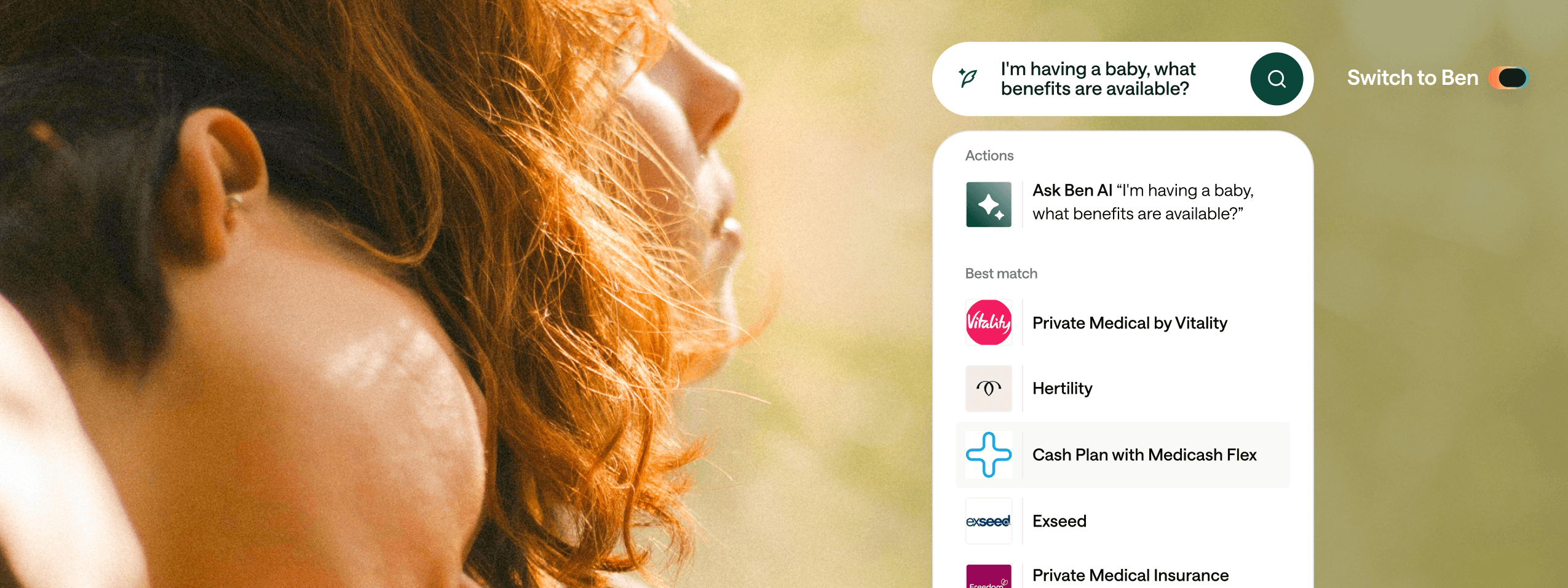 A photo of a person leaning their head on another person's shoulder, with a pop out image of an AI-powered benefits platform 