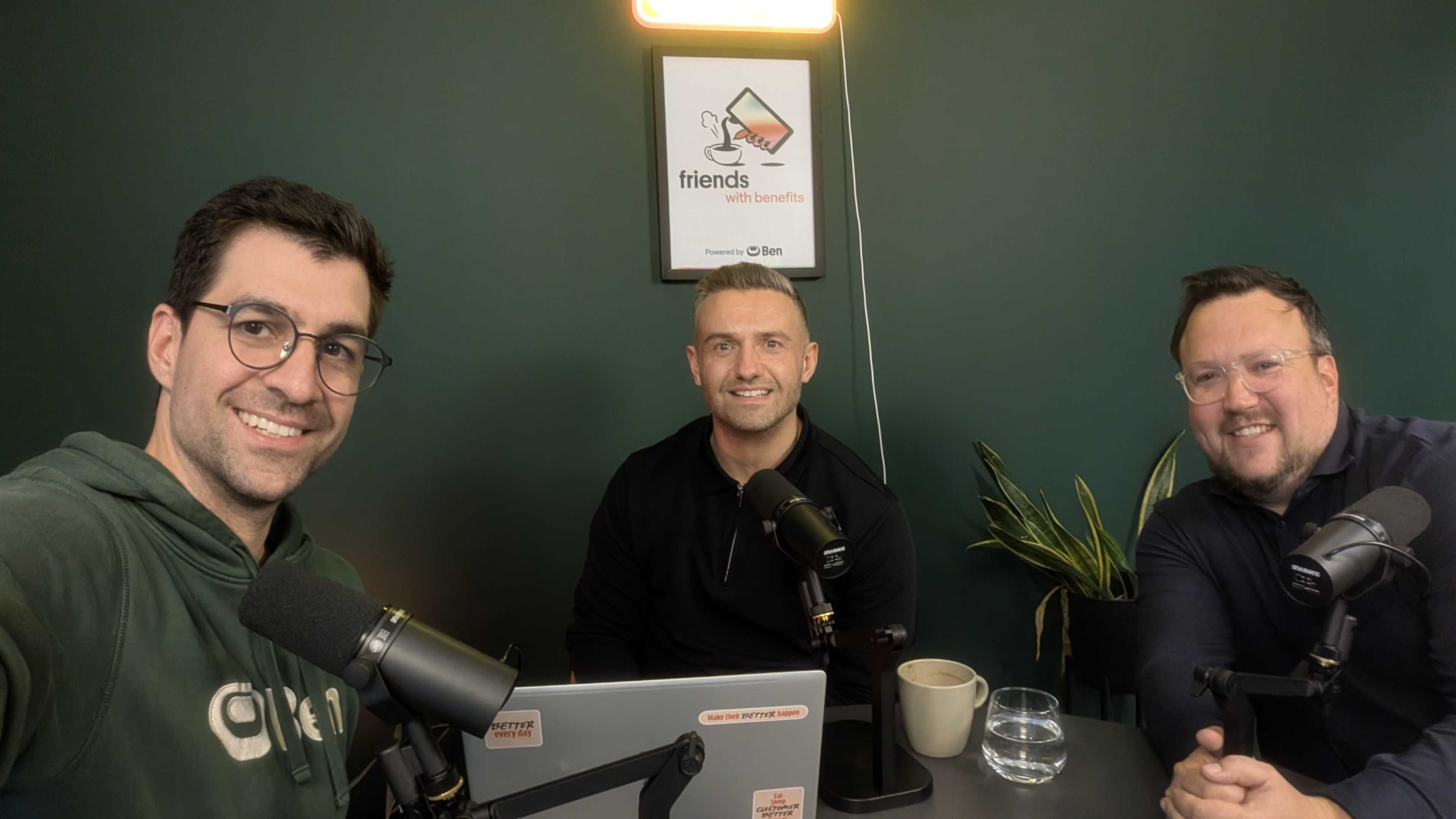 Gregg Hall of Santander with hosts David and Carl recording the Friends with Benefits podcast at Ben's London studio.