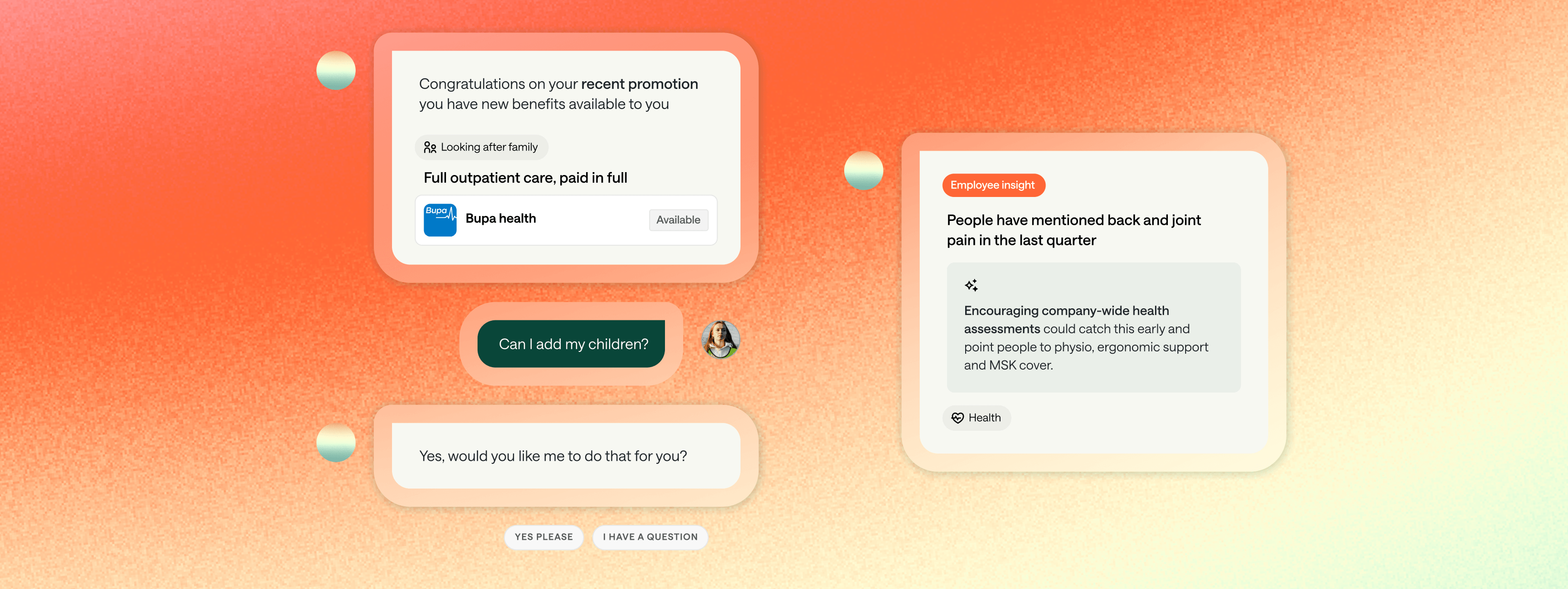 Screenshots of Ben showing AI proactively surfacing a new benefit after a promotion and flagging a rise in employee back and