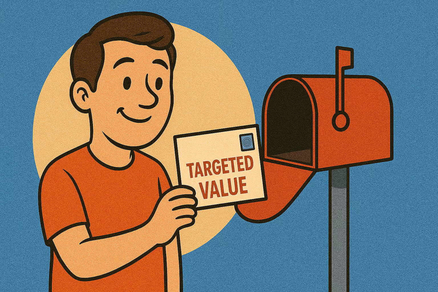Illustration of a smiling man holding a mail envelope labeled Targeted Value next to a red mailbox.