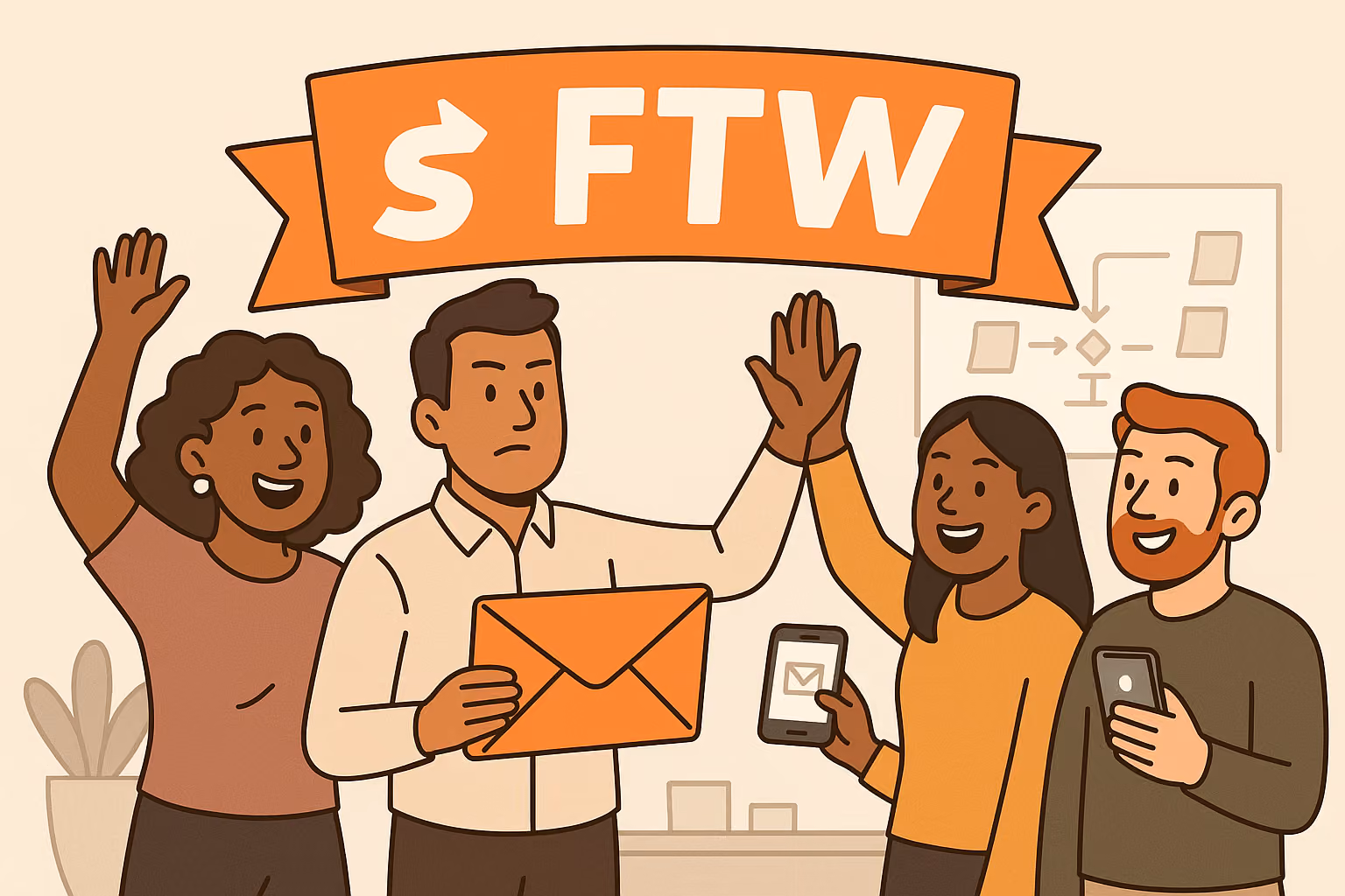 Four diverse coworkers celebrating with a high-five under an orange banner reading $FTW.