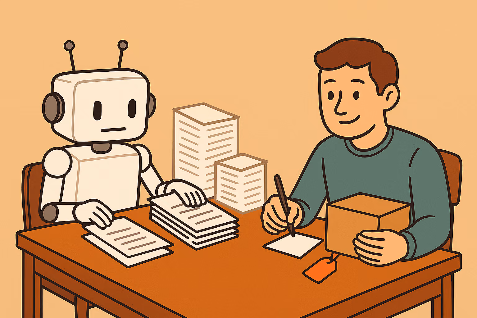 A robot and a man sitting at a table sorting and writing on papers and packages, with stacks of documents between them.