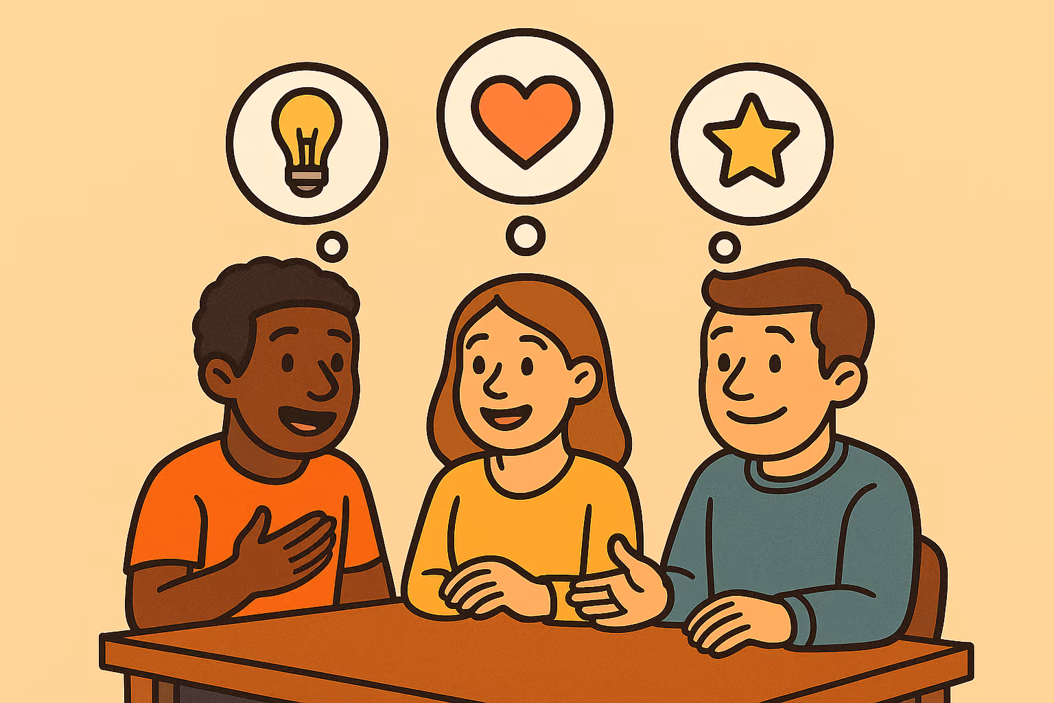 Three people sitting at a table, each with a thought bubble showing a lightbulb, heart, and star.
