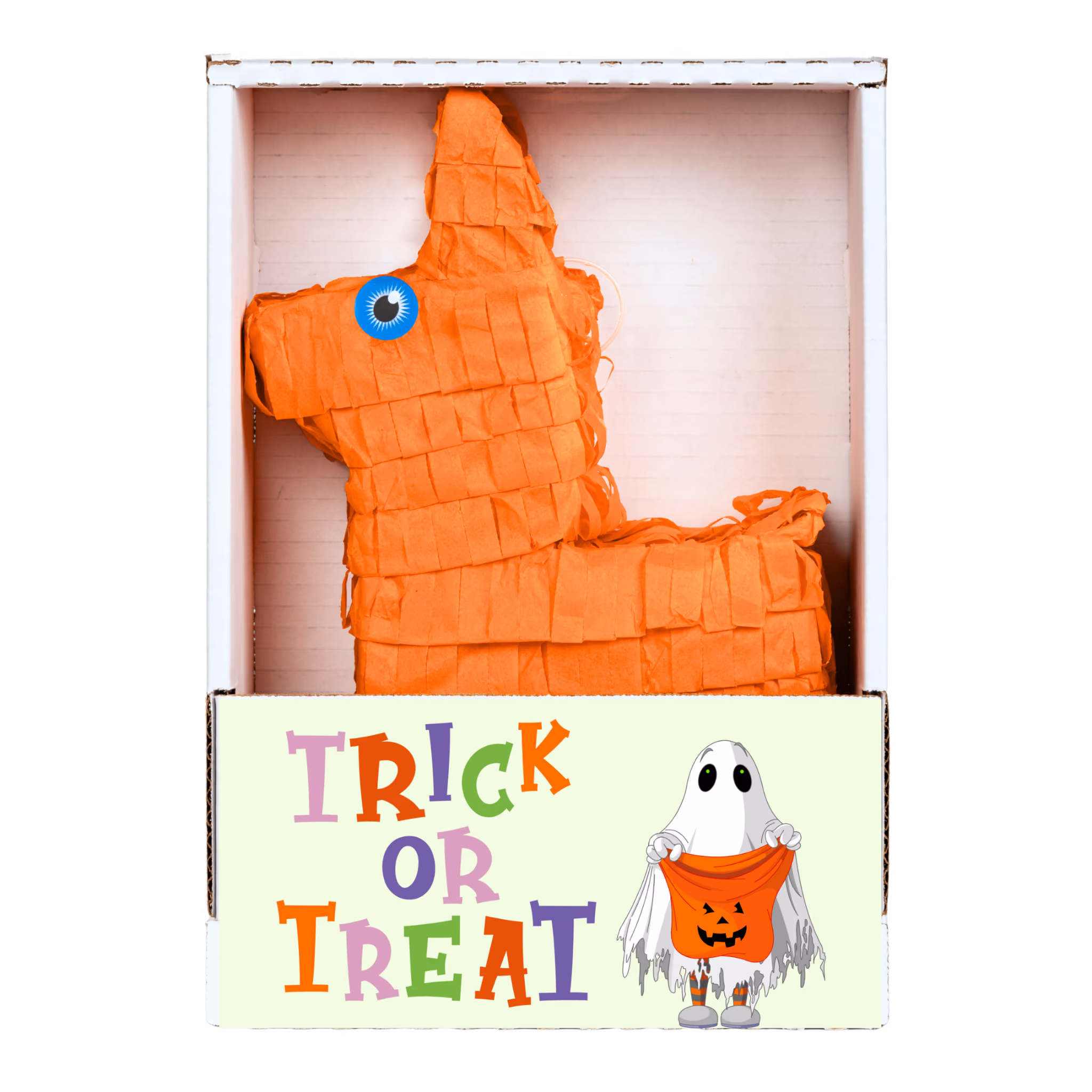 Orange donkey-shaped piñata inside a box labeled 'Trick or Treat' with a ghost holding a pumpkin bag.