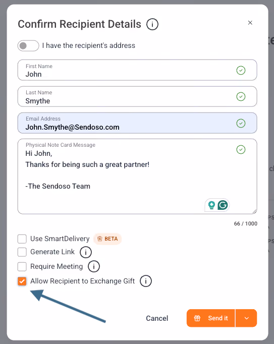 Form to confirm recipient details with name, email, note, and option to allow gift exchange checked.