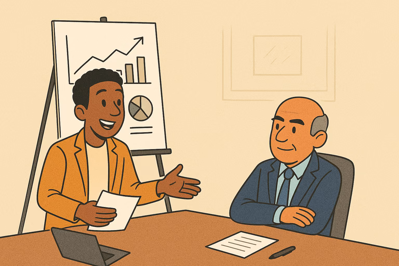 Two men in business attire discussing charts and graphs in an office meeting room.