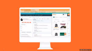 Computer screen showing a user profile and shopping search page on an orange background.