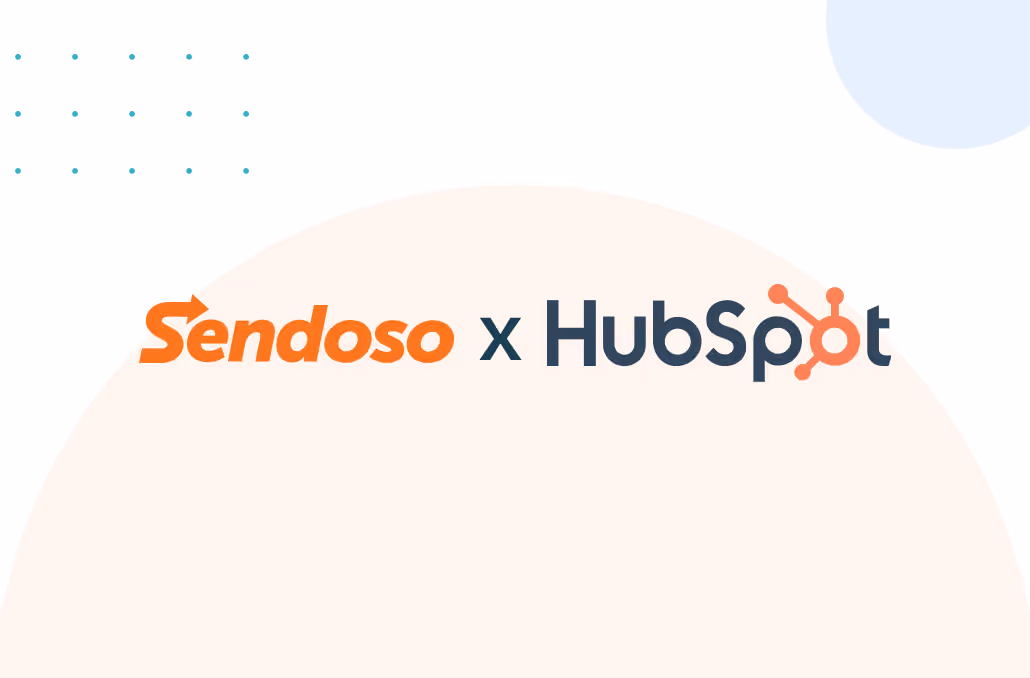 Sendoso and HubSpot logos side by side with decorative abstract shapes in background.
