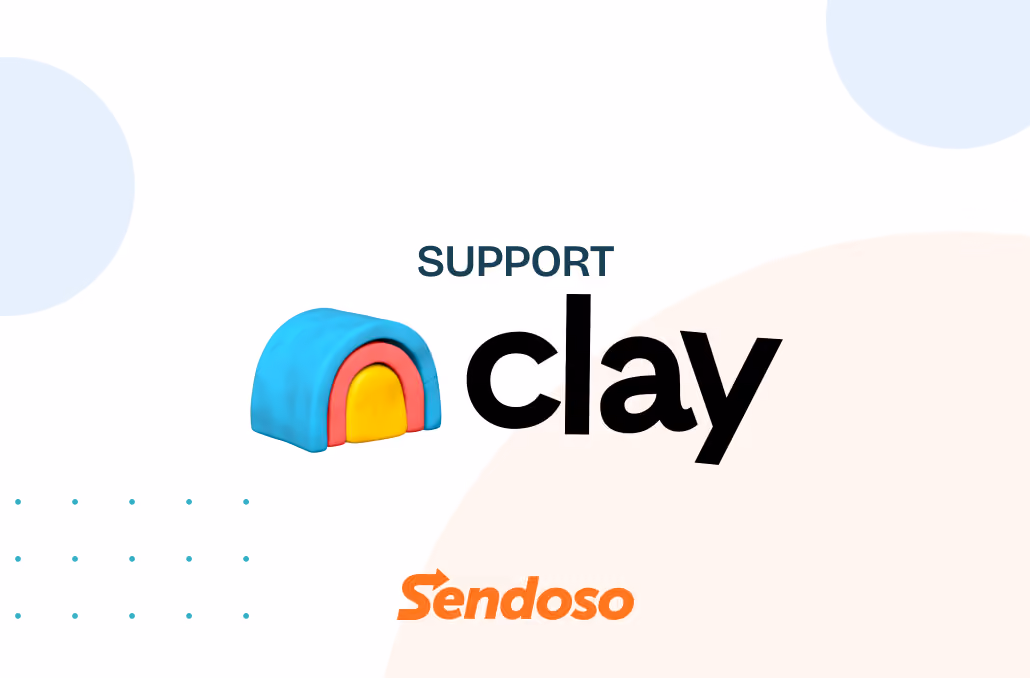 Blue, red, and yellow clay arch with 'SUPPORT clay' text and orange 'Sendoso' logo on a white background.