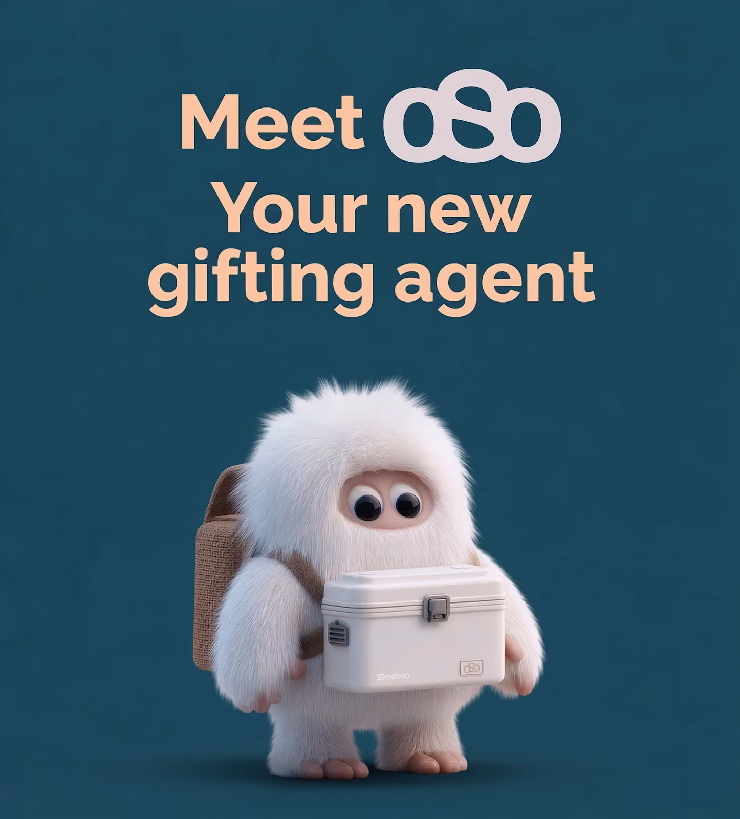 Furry white character holding a white box with 'Sendoso' text, standing under gifting agent slogan.