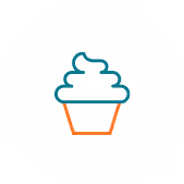 Minimalist icon of a cupcake with swirled frosting on a white circular background.