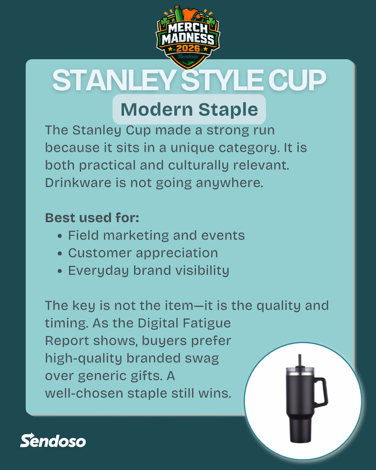 Infographic about Stanley Style Cup as a modern staple for branded drinkware with tumbler image.