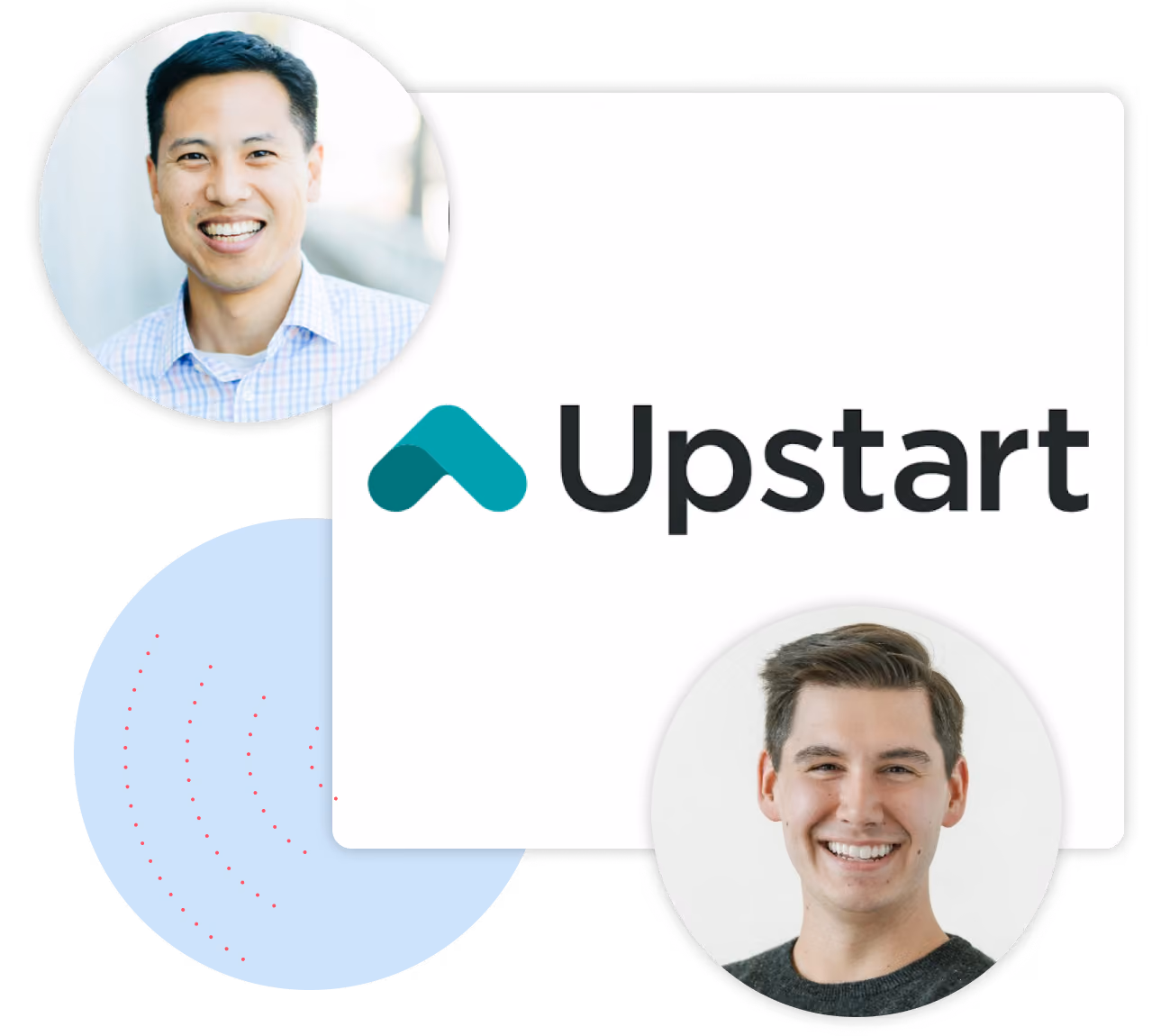 Two smiling men in circular frames around the Upstart logo with teal and blue accents.