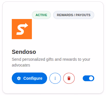 Sendoso app panel active with options to configure, more actions, delete, and toggle switch on.