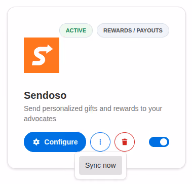 Sendoso app card showing status active with Configure button and sync now tooltip visible.