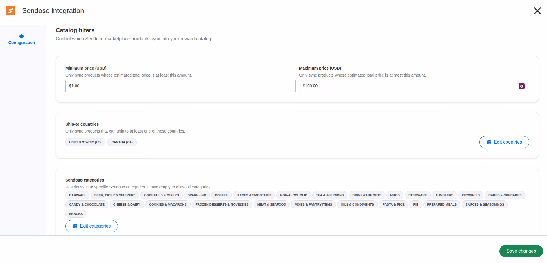 Sendoso integration settings for catalog filters including price, ship-to countries, and product categories.