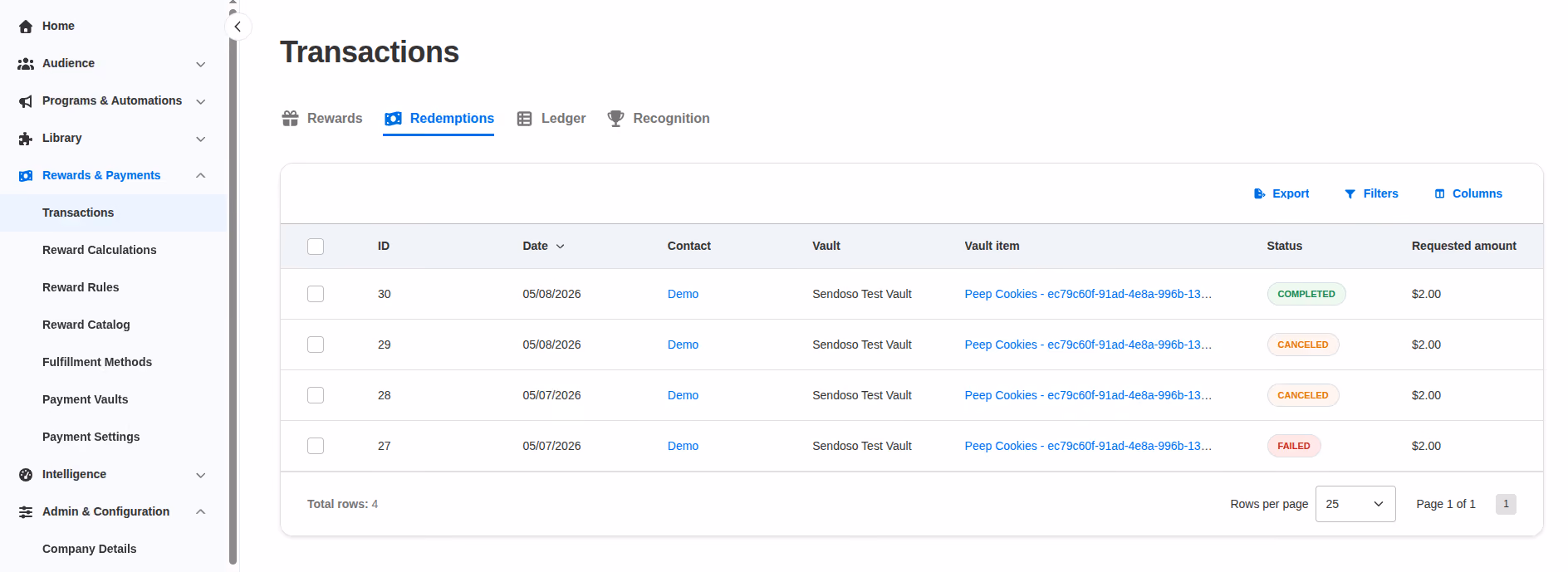 Dashboard shows four transactions with status: completed, canceled, canceled, and failed, each for $2.00 Peep Cookies.
