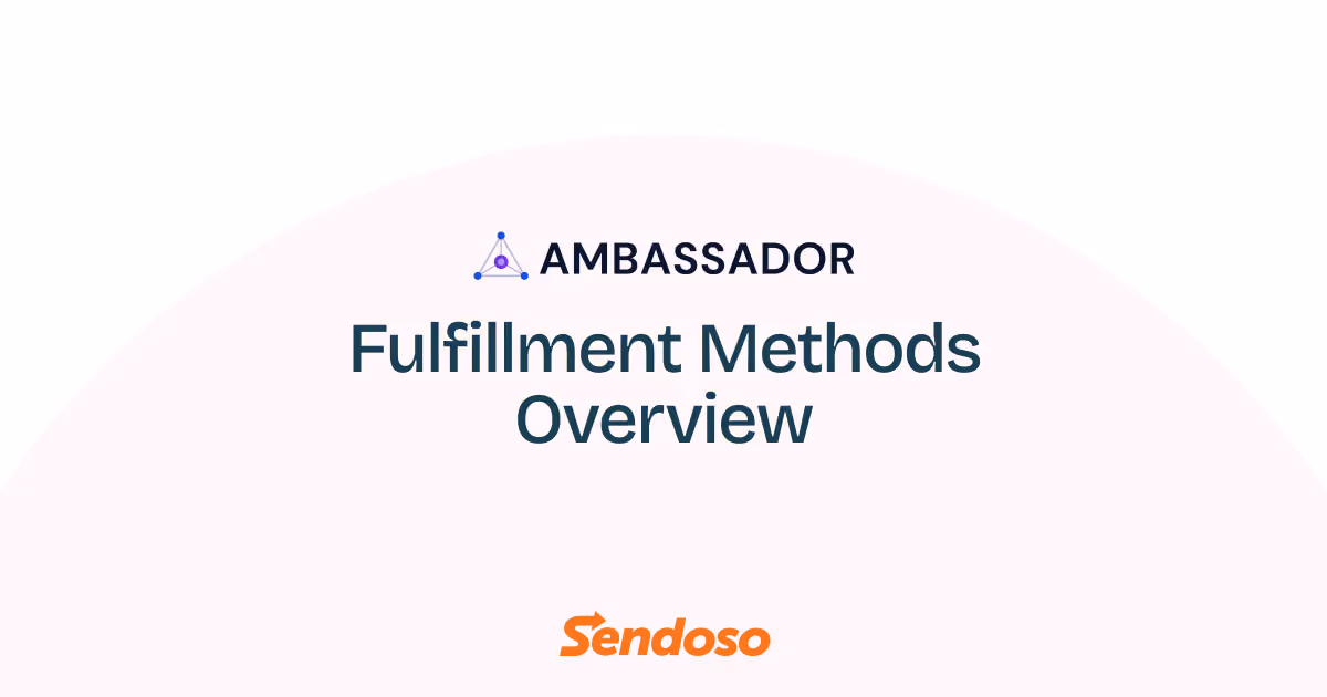 Text reading Ambassador Fulfillment Methods Overview with Sendoso logo on a light background.