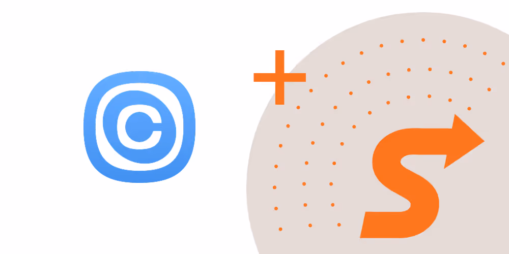 Blue copyright symbol plus an orange curved arrow on a dotted half circle background.