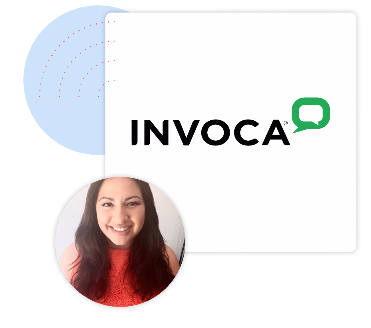 Smiling woman with long dark hair wearing a red lace top in a circular frame below a white rectangular panel displaying the Invoca logo with a green speech bubble.