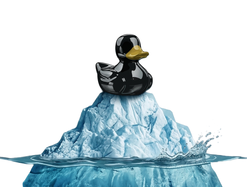 Odd Duck mascot standing on an iceberg