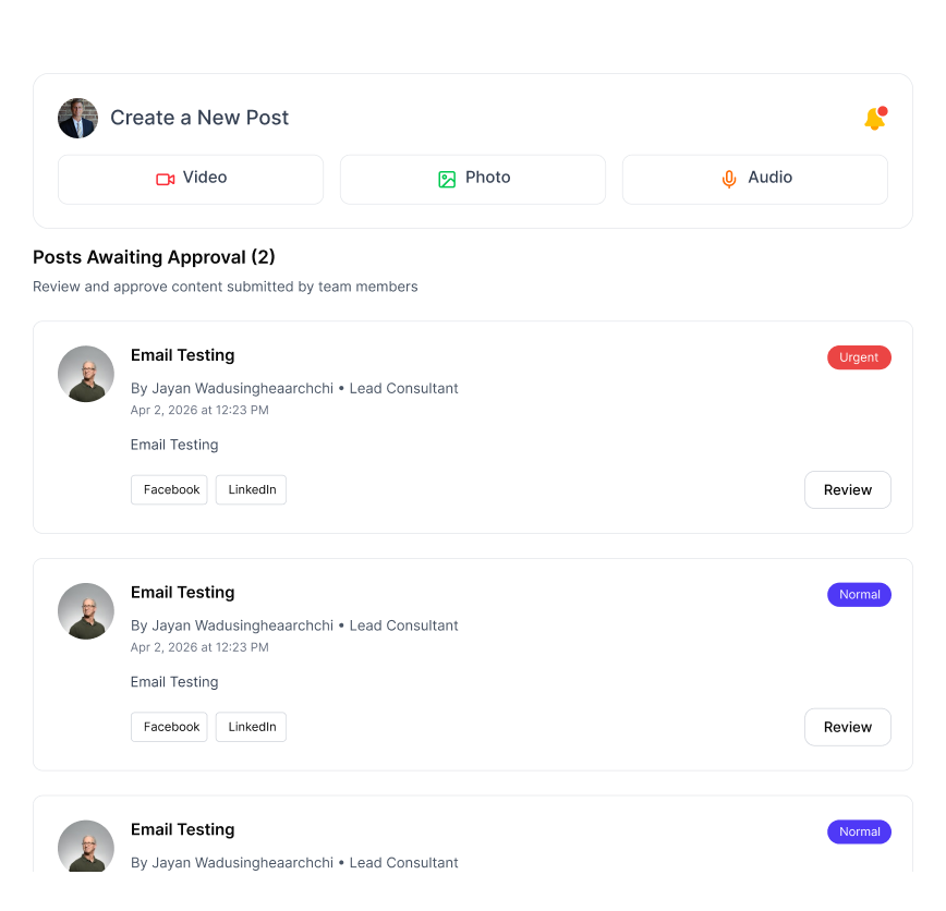 Social media approval dashboard showing pending posts