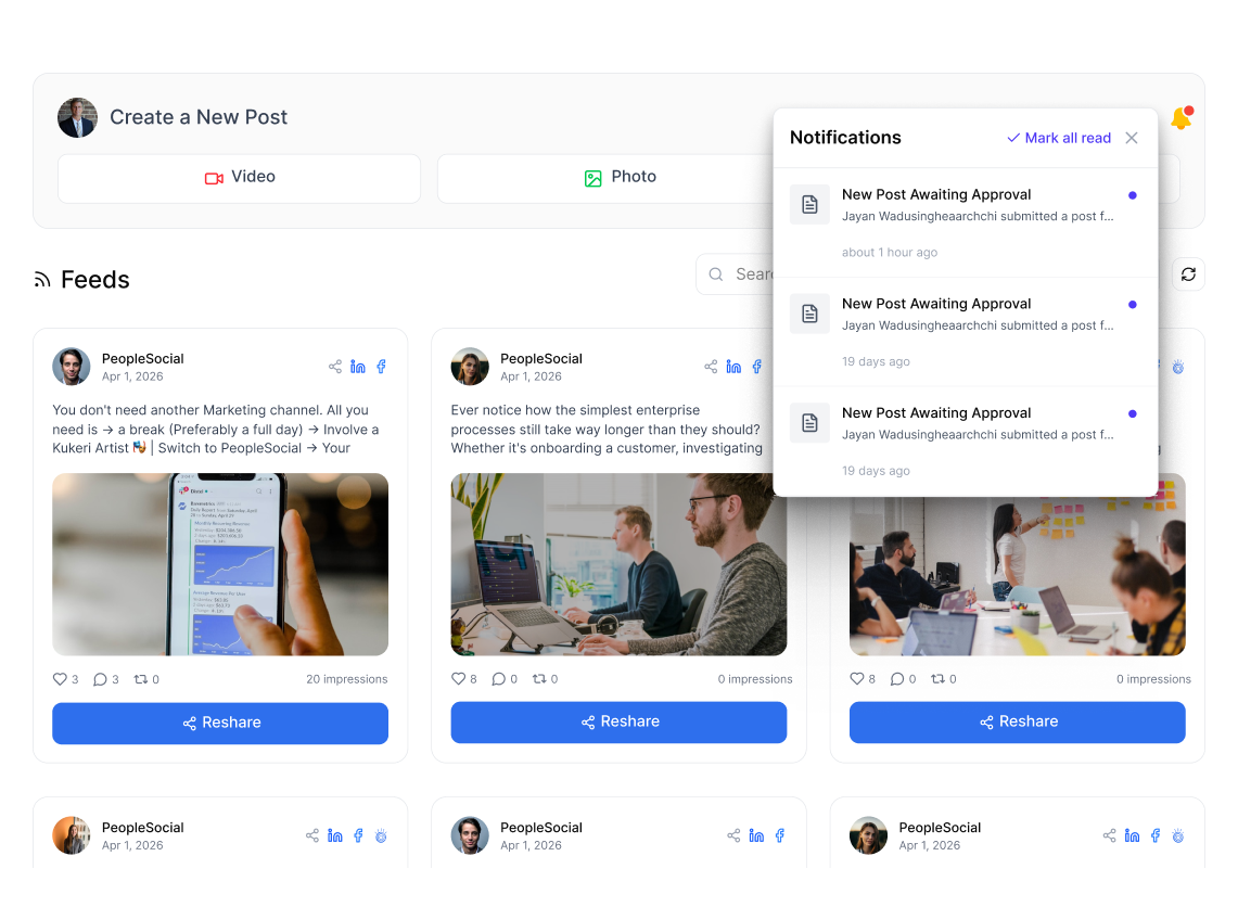 Dashboard showing social media feed