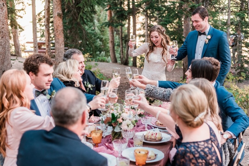 A couple toasts their guests at their micro wedding reception